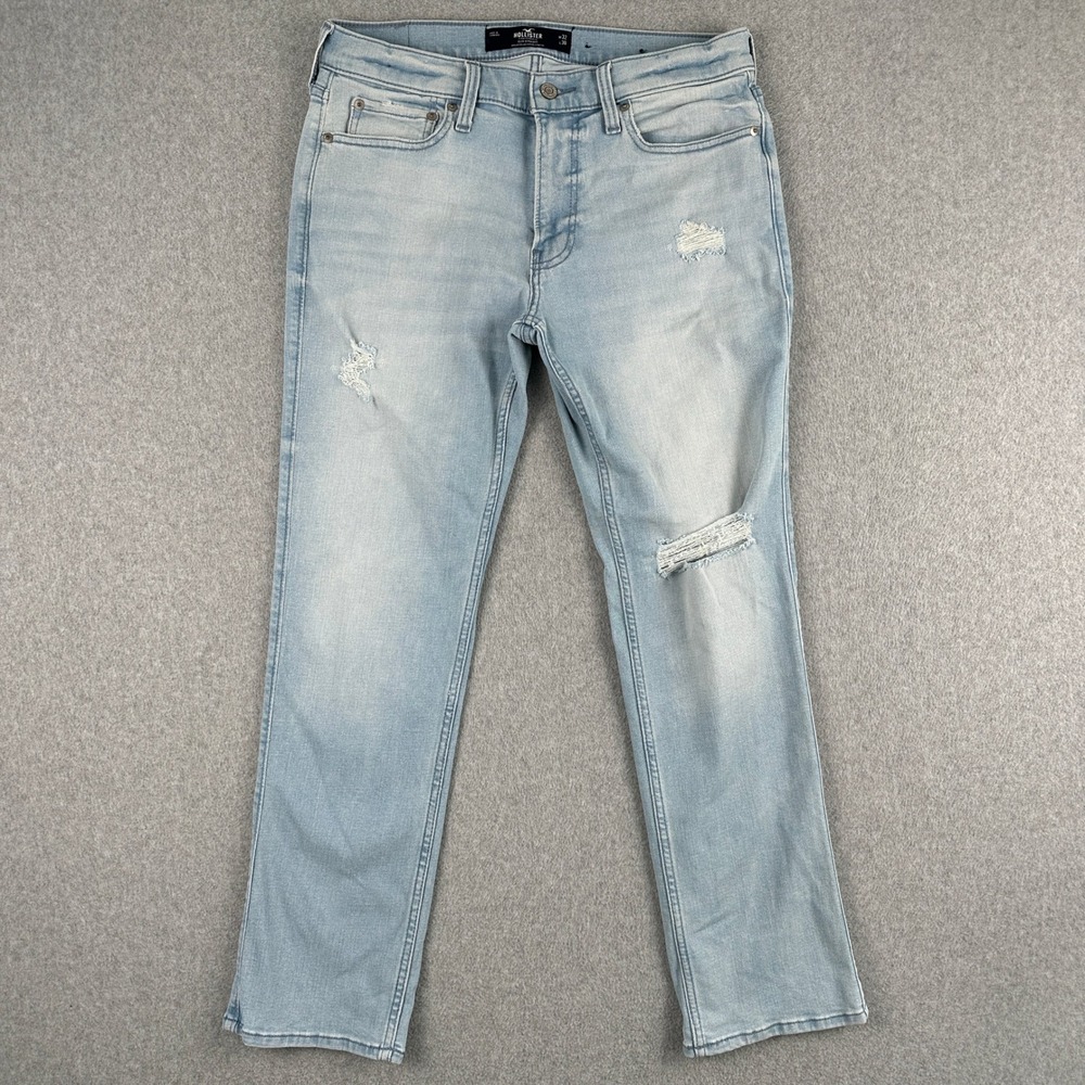 Hollister Jeans Mens 32x30 Light Blue Slim Straight Advanced Stretch Distressed